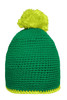 A green Pompon hat with a bright yellow pompom and a contrast yellow stripe at the bottom. It features a logo.