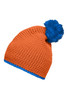 An orange knitted hat with a blue pom-pom and contrast stripe at the base. Features a logo.