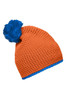 An orange beanie with a blue pompom and contrast stripe at the base. The hat has a textured knit design.