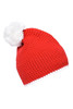 A red crochet hat with a white pompom and a contrast white stripe at the base. It features a logo.