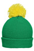A green knitted beanie with a yellow pompon on top. The hat features a folded brim and has a logo.