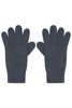A pair of dark grey knitted gloves with a ribbed cuff, featuring five fingers each and a logo on one glove.