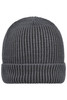 A ribbed beanie in a dark grey colour, featuring a folded cuff and textured design. Contains branding.