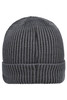 A grey ribbed beanie featuring a rolled cuff, with a textured fabric design and a brand logo.