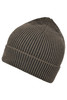 A ribbed beanie in a dark brown hue, featuring a textured design and a folded cuff. It has a logo on it.