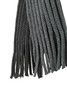 A ribbed scarf in shades of dark grey, featuring textured strands and a subtle logo.