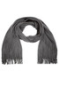 A grey ribbed scarf with fringed ends, featuring a textured design and a subtle logo.