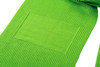 A vibrant green scarf featuring a textured design and a blank patch for branding or decoration.