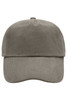 A five-panel cap in a neutral grey colour, featuring a rounded crown and a stiff brim. It has a logo on the front.