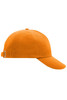 An orange 5 panel cap with a curved brim and an adjustable strap at the back. It features a logo.
