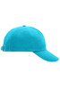 A turquoise 5 panel cap featuring an adjustable strap and a logo on the side.