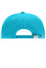 A bright turquoise 5 panel cap featuring a rear adjustment strap and a logo on the side.