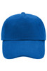 A blue 5 panel cap featuring a curved brim and an adjustable back, with a logo on the front.
