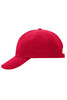A red 5 panel cap with a curved brim and a logo on the front.