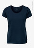 A navy blue women's t-shirt with a rounded neckline and short sleeves, featuring a logo on the side.