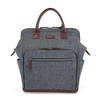 A grey clinical backpack with brown leather accents and multiple compartments. Features a logo on the front.