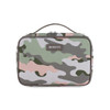 A camouflage-patterned bag in shades of green, pink, and grey, featuring a zip closure and a handle.
