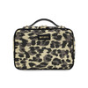 A leopard print bag with a black handle, featuring a logo on the front and gold zippers.