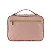 A pink bag with a gold zipper and a textured design, featuring a handle on top and a logo.