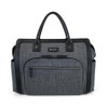 A grey fabric satchel with black faux leather handles and zippers, featuring a front pocket and a logo.