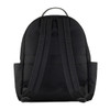 A black utility backpack with padded shoulder straps and side pockets. It features a logo on the front.