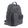 A grey utility backpack with multiple compartments and a front pocket, featuring a branded logo.