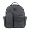 A grey utility backpack with multiple pockets and a logo, featuring a sleek design and a modern aesthetic.