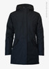 A women's jacket in black, featuring a hood and side pockets, made from recycled polyester.