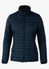 A navy puffer jacket for women with a high collar and zip-up front, featuring a subtle logo.