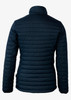 A women's puffer jacket in navy blue, featuring a quilted design and a high collar. The back view shows a fitted silhouette.