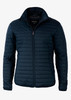 A navy puffer jacket with a zippered front and a high collar, featuring a logo on the chest.