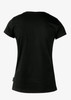 A black women's t-shirt with a fitted design and short sleeves, featuring a branding tag on the side.