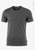A grey t-shirt made from organic cotton, featuring a simple design and a small logo on the side.