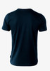 A navy blue t-shirt featuring a plain design and short sleeves. The back has a small branding tag.