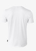 A plain white men’s T-shirt featuring a crew neck and short sleeves, with branding on the side.