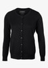 A black cardigan featuring a button-up front and long sleeves. The product includes a logo.