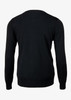 A black cardigan with long sleeves, featuring a simple design. The back view displays a smooth texture.