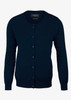 A navy blue cardigan featuring a button-up front and long sleeves, with a logo on the label.