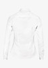 A white button-up shirt featuring a fitted design and long sleeves, with a collar and branding on the label.