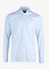 A light blue button-up shirt with long sleeves and a collar, featuring a logo on the label.