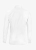 A white button-up shirt with long sleeves and a smooth finish, featuring a logo on the back.