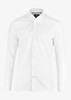 A slim fit white button-up shirt with a collar, featuring a subtle logo on the chest.