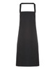 A black organic cotton bib apron featuring a classic design and a logo. Ideal for workwear use.