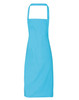 A blue bib apron made from 100% organic cotton, featuring a simple design and an adjustable neck strap.