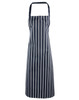 A striped bib apron in navy blue and white, featuring a classic vertical stripe design and a logo.