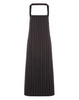 A striped bib apron in black with white stripes, featuring a square neckline and a logo.