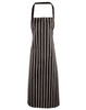 A black and white striped bib apron with a halter neck design and a logo on the front.