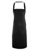 A black bib apron with a front pocket and an adjustable neck strap. It features a logo on the side.