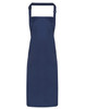 A navy waterproof bib apron featuring adjustable straps and a simple design, with a logo on the front.