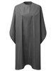 A waterproof salon gown in a sleek grey colour, featuring a simple design and an attached neck.